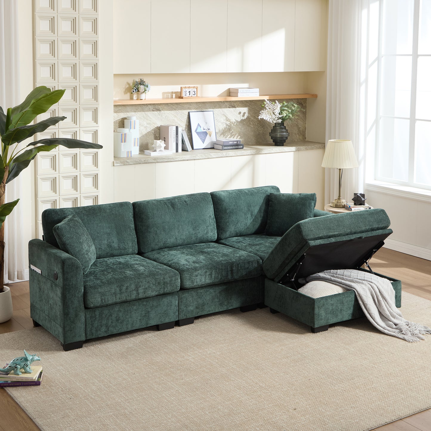 Modern L-Shaped Storage Sofa with USB Ports & Ottoman - Green