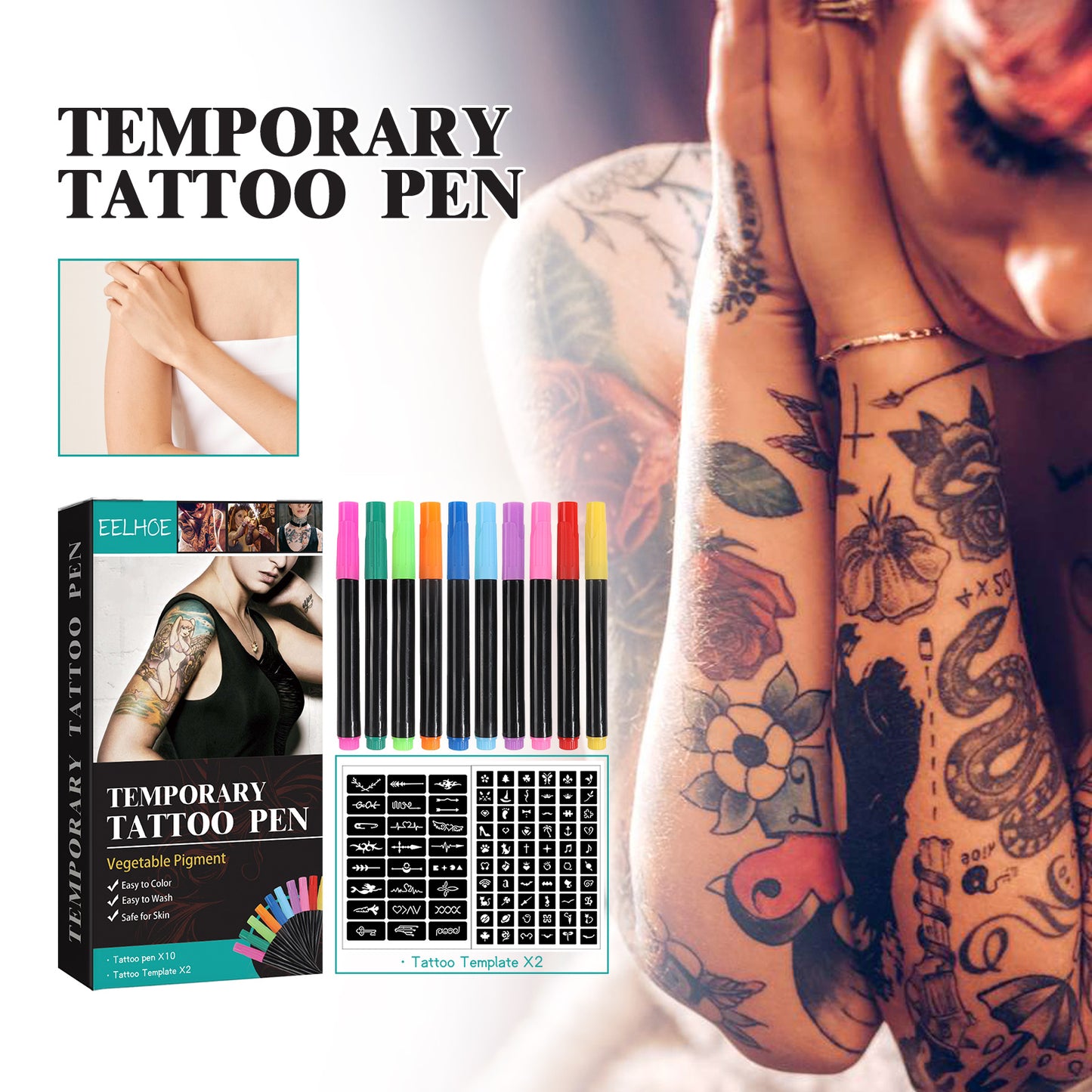 Temporary Tattoo Pen and Stencil Set for Skin Art DIY