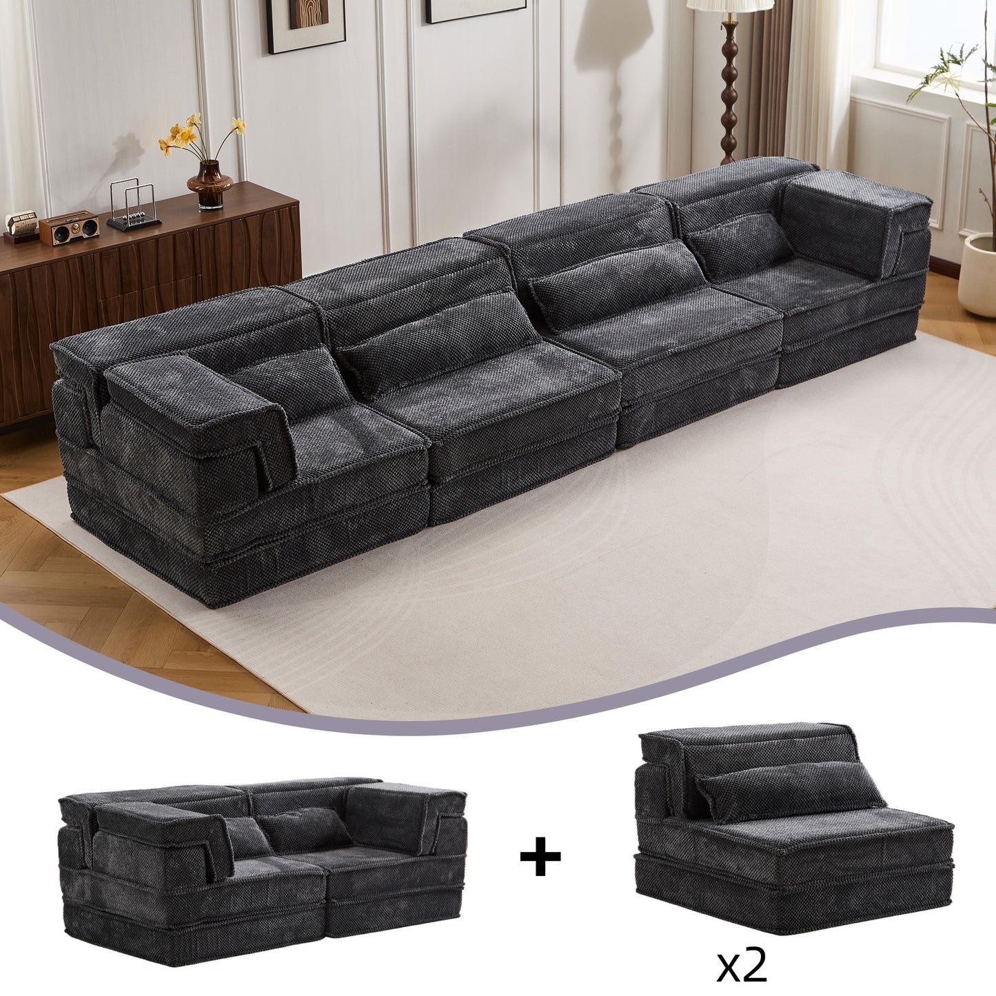 Oversized Dark Grey Compression Mahjong Sofa Bed - 4 Seater