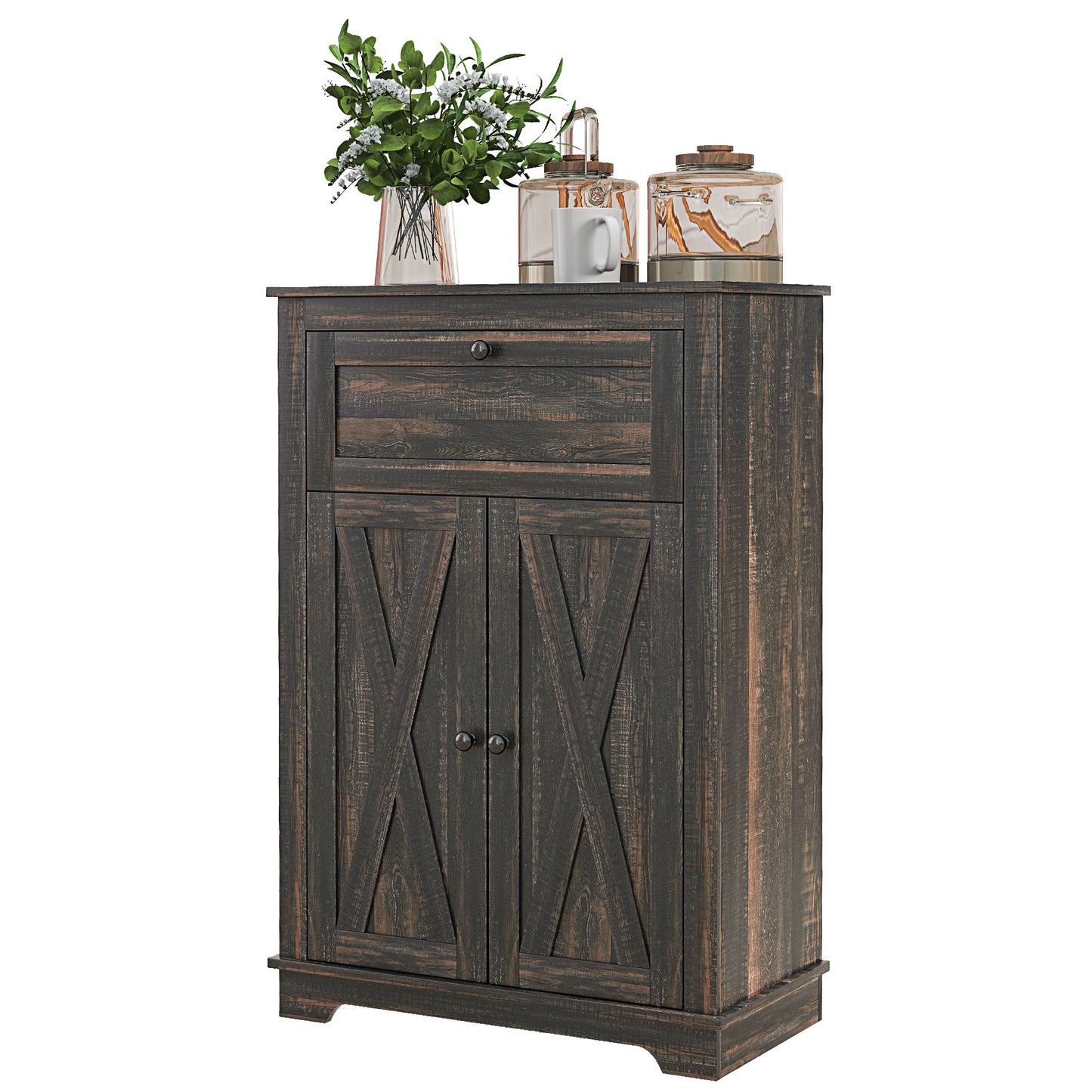 Farmhouse Storage Cabinet with Doors and Drawer - Dark Brown