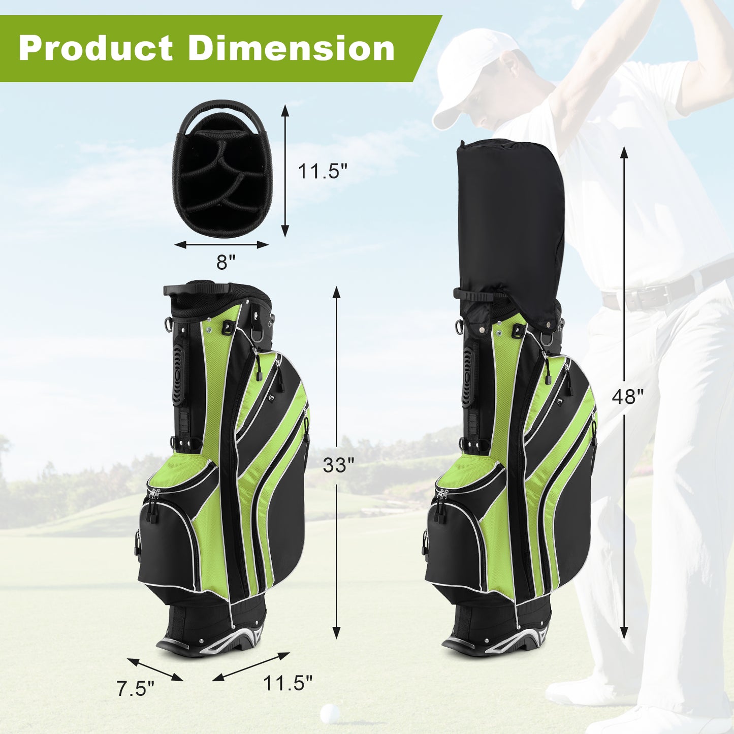 Golf Stand Cart Bag with 6-Way Divider & 8 Pockets - Green