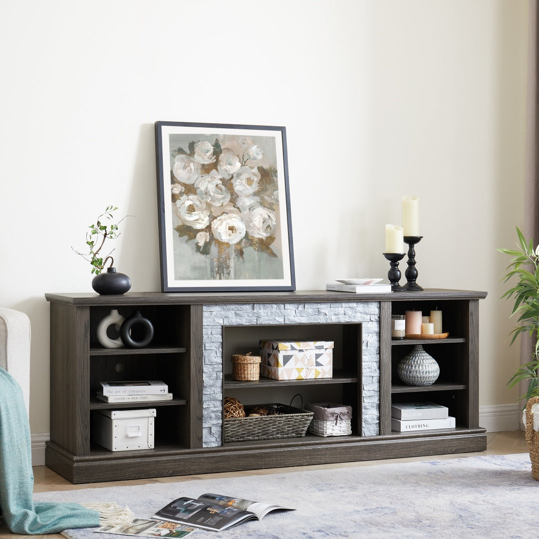 Modern Grey TV Stand with Faux Stacked Stone - 70.12"
