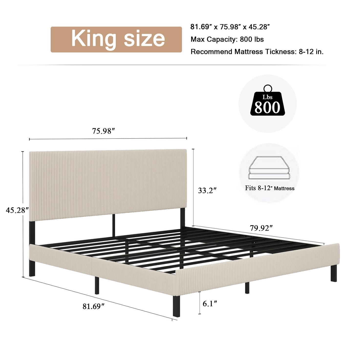 King Platform Bed Frame with Upholstered Headboard - Beige