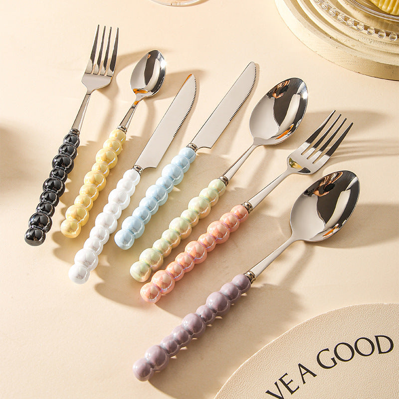 Ceramic Pearl Handle Cutlery Set - Spoon Fork Knife Household Dinnerware
