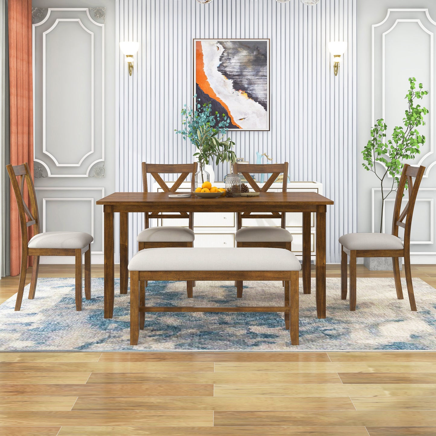 6-Piece Wooden Dining Table Set with Chairs and Bench - Natural Cherry