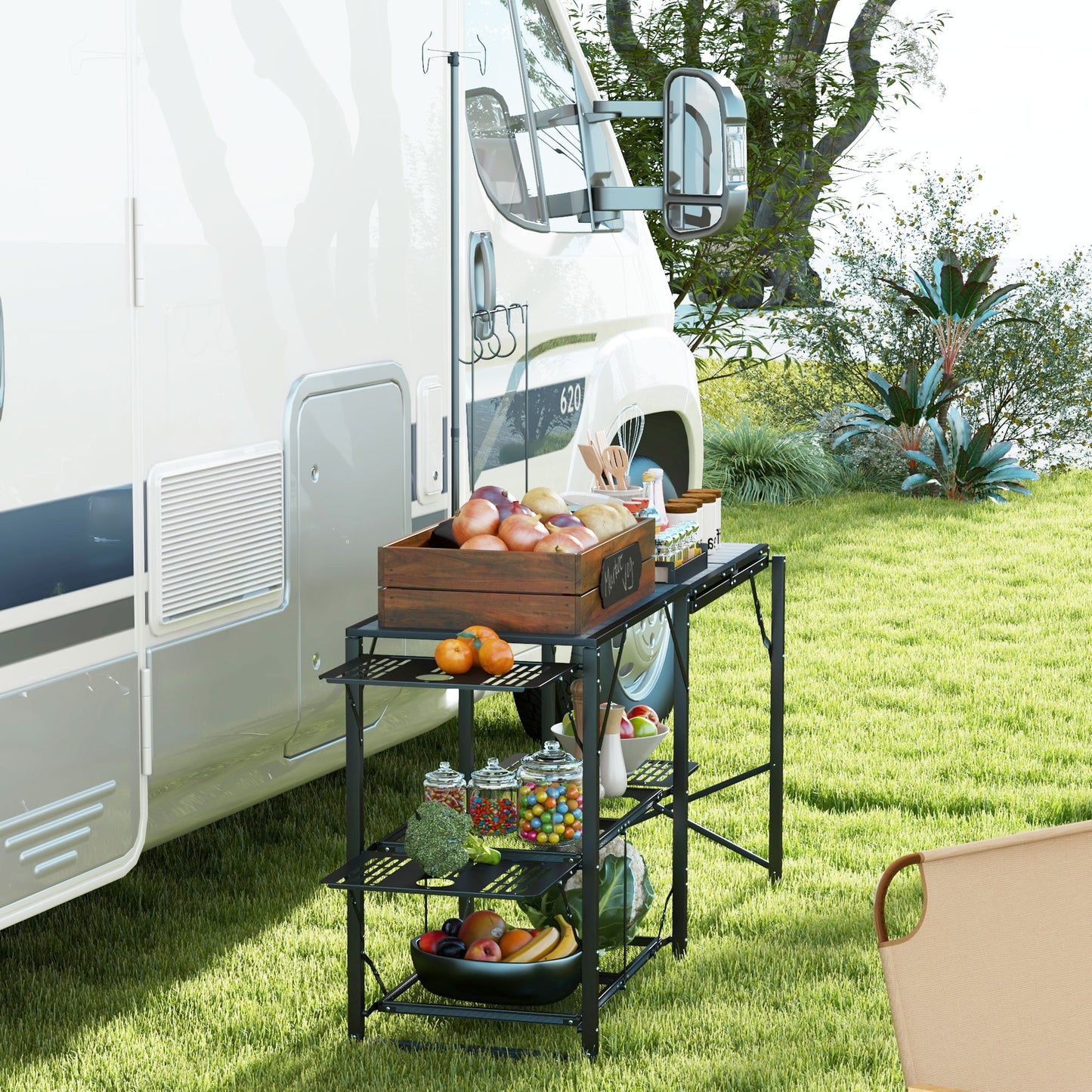 Folding Camping Kitchen Table with Adjustable Lamp Stand