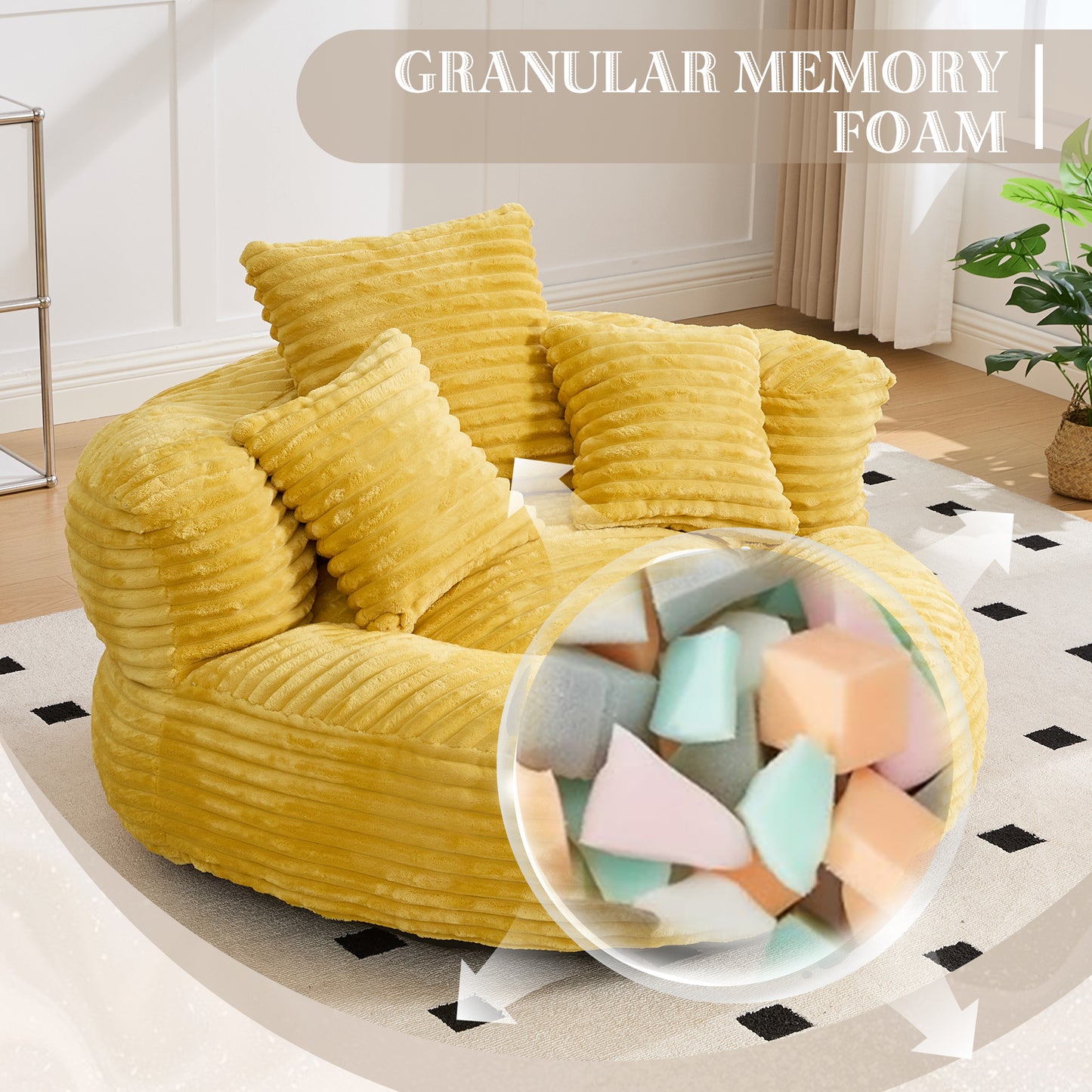 Oversized Corduroy Bean Bag Chair with 3 Pillows - Mustard Yellow