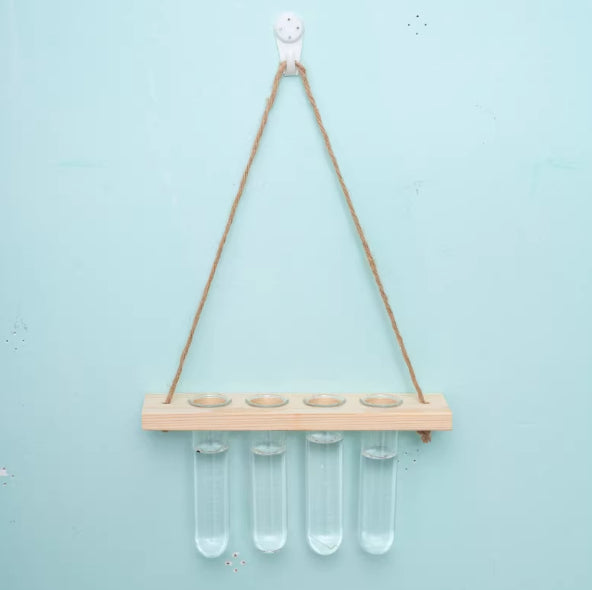 Hydroponic Glass Test Tube Rack with Wooden Stand - Modern Minimalist Decor