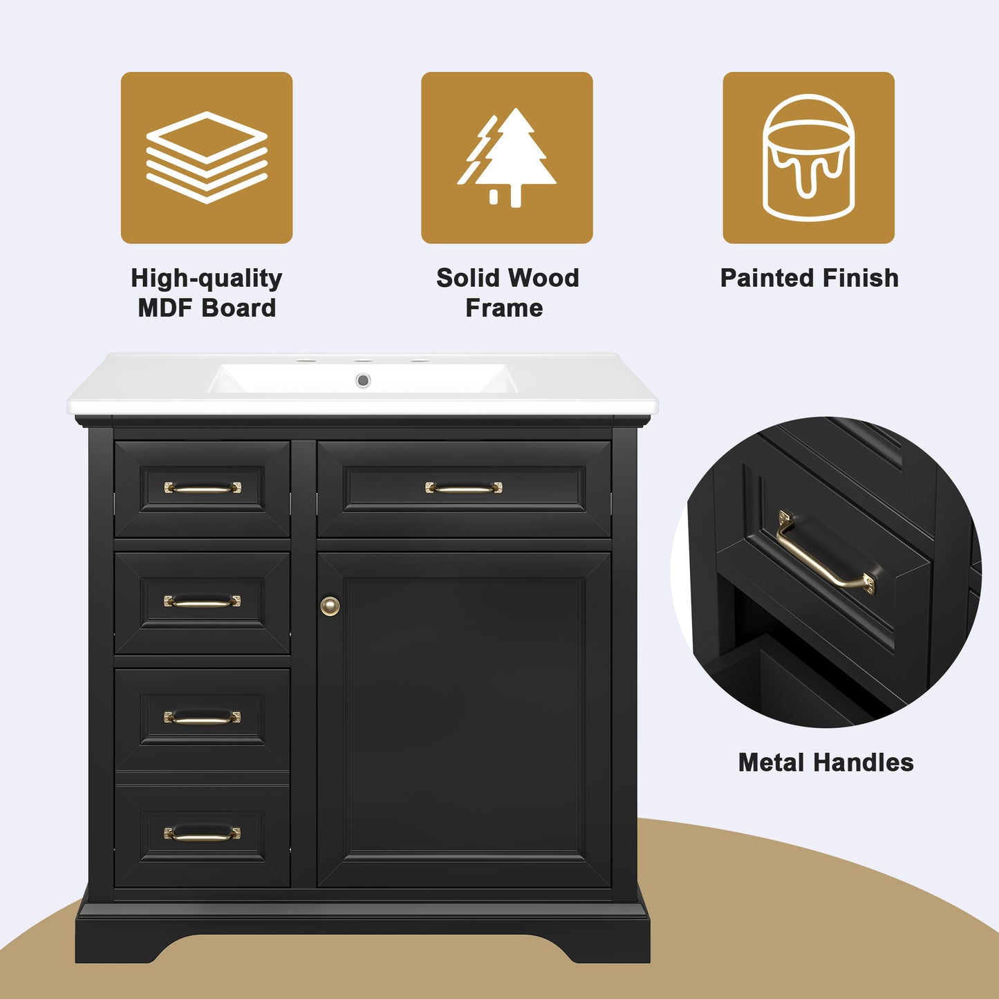 36-Inch Bathroom Vanity with Ceramic Sink, 4 Drawers, Black