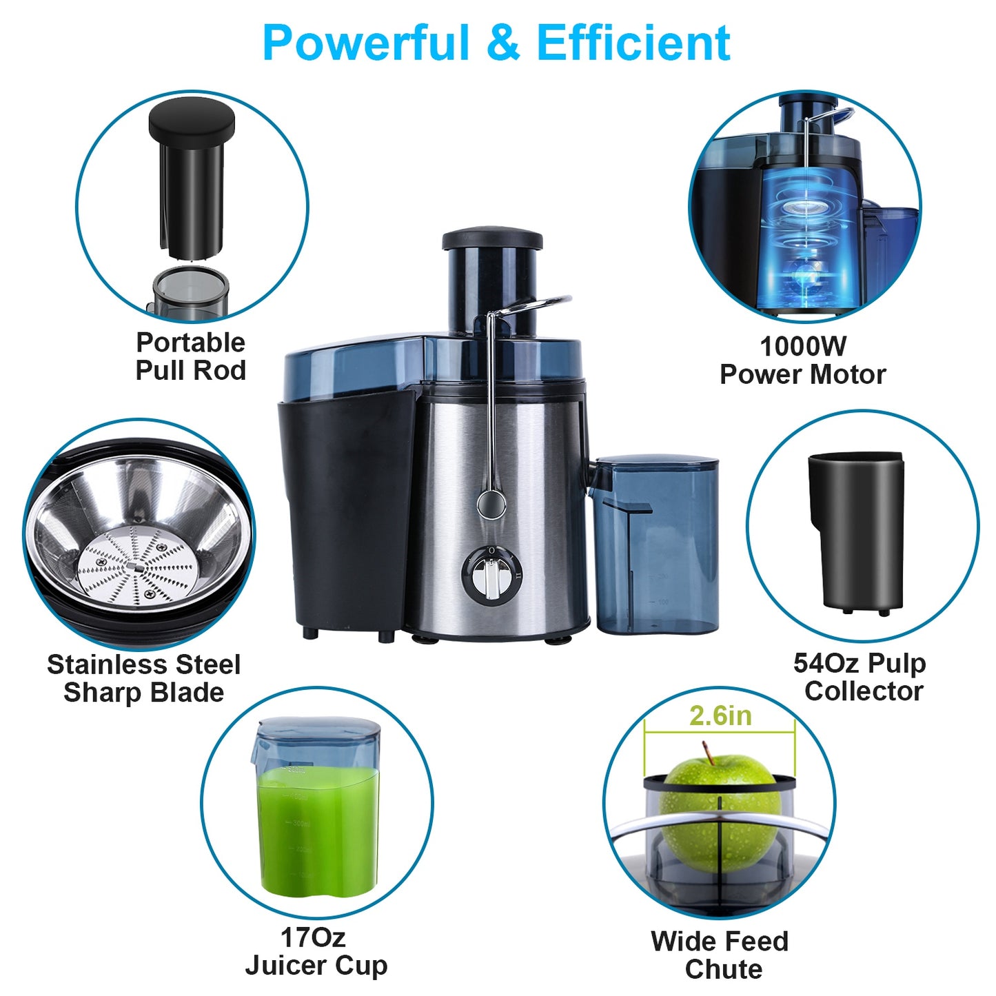 Electric Juicer with 2 Speeds & 2.6in Wide Feed Chute