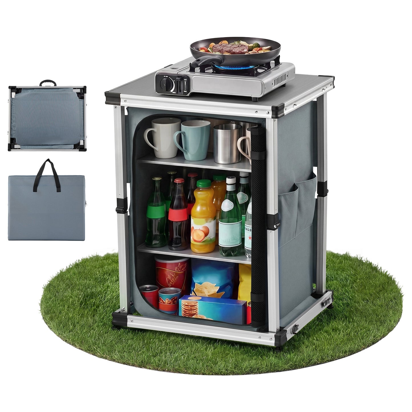 Portable Folding Camping Storage Cabinet and Table Set with Shelves, Lightweight Outdoor Kitchen Station