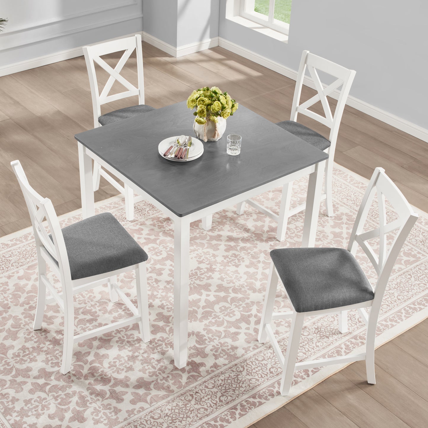 Counter Height Dining Table Set with 4 Chairs - Grey & White