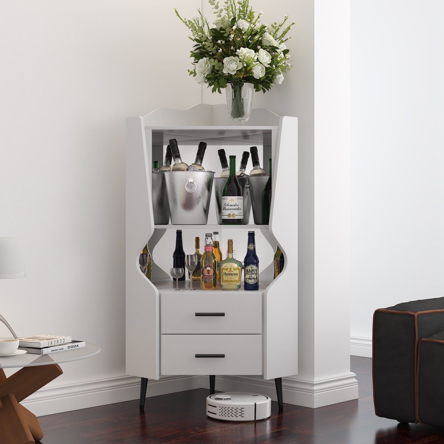 Wooden Corner Bar Cabinet With 2 Open Storage Shelves And Drawers,
