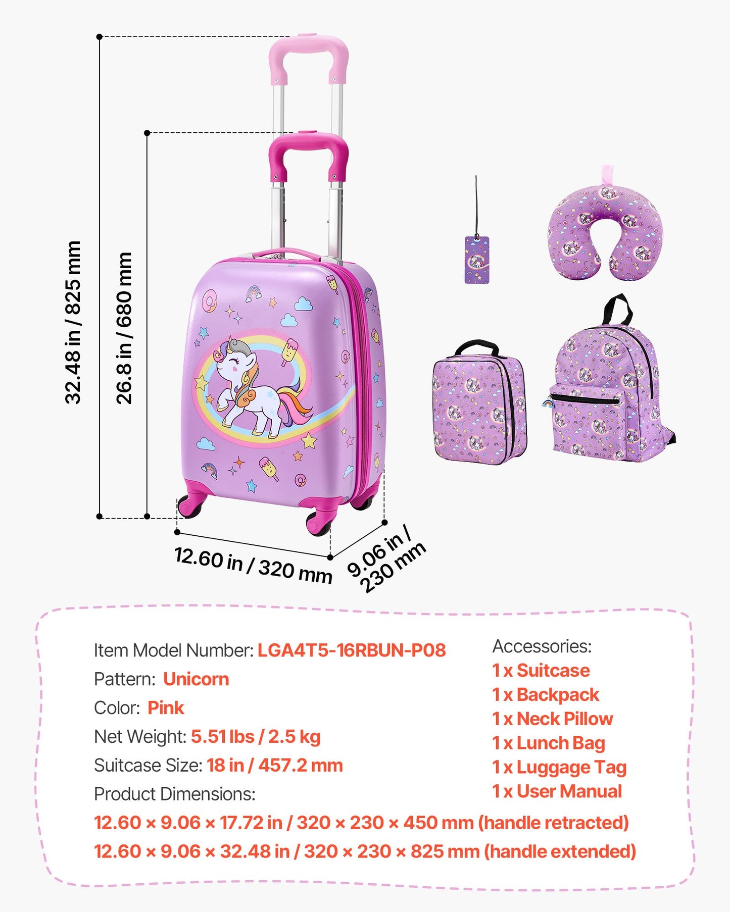 Kids Luggage Set 5 Pieces - 18 Inch Hardside Carry-On Suitcase with Backpack & Pillow, Travel Approved for Girls & Boys