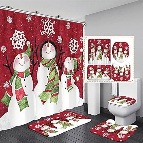 Christmas Shower Curtain Set with Non-slip Bath Mat and Toilet Lid Cover - Snowman Snowflake Decor
