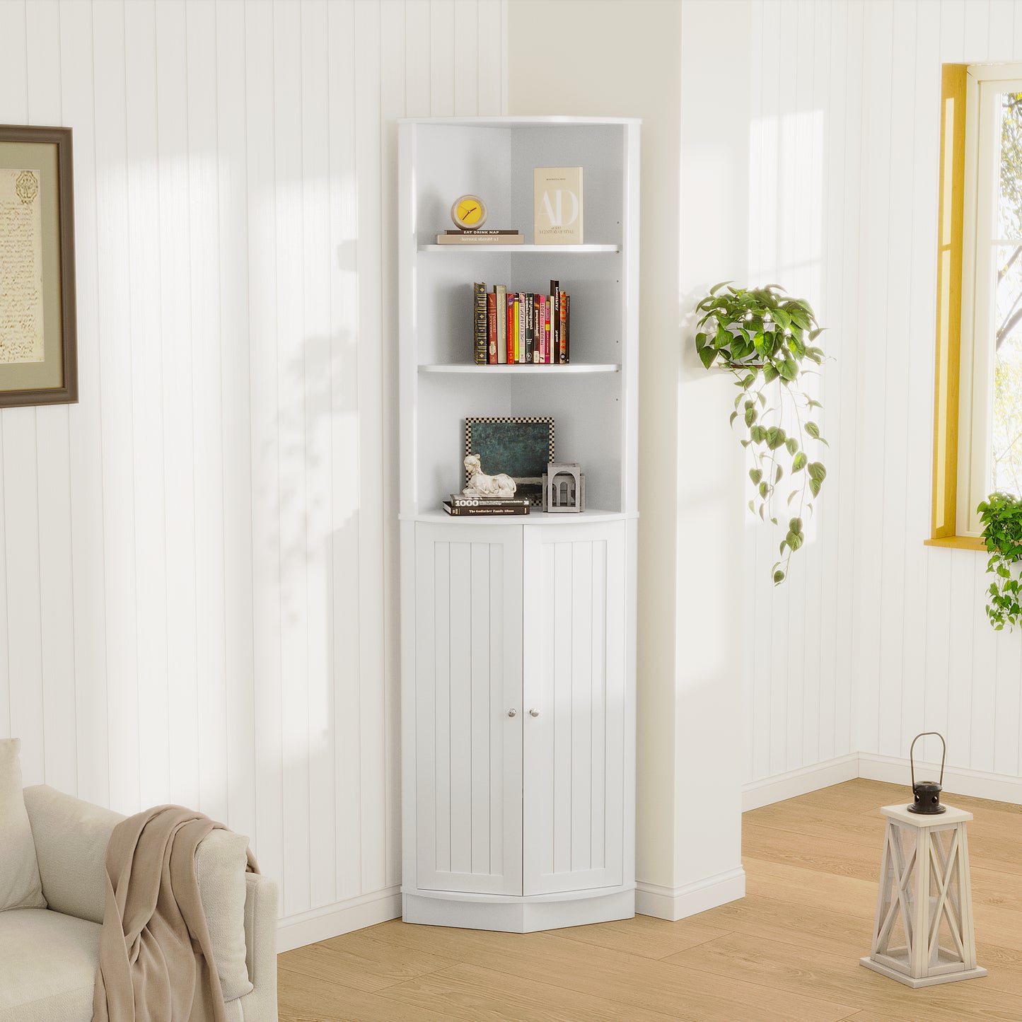 67" Tall Corner Cabinet with 2 Doors and Adjustable Shelves - White