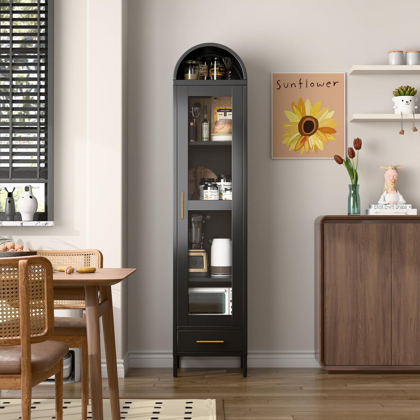 73'' Metal Arched Bookcase Cabinet with Glass Doors & Drawer - Black