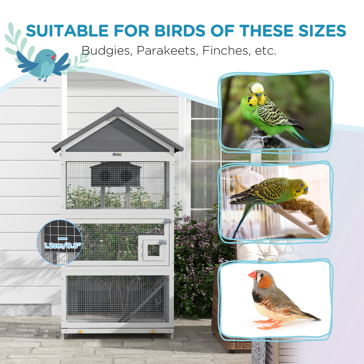 Wooden Bird Cage with Slide-Out Tray for Finches and Parakeets - Gray, 865x300x540mm