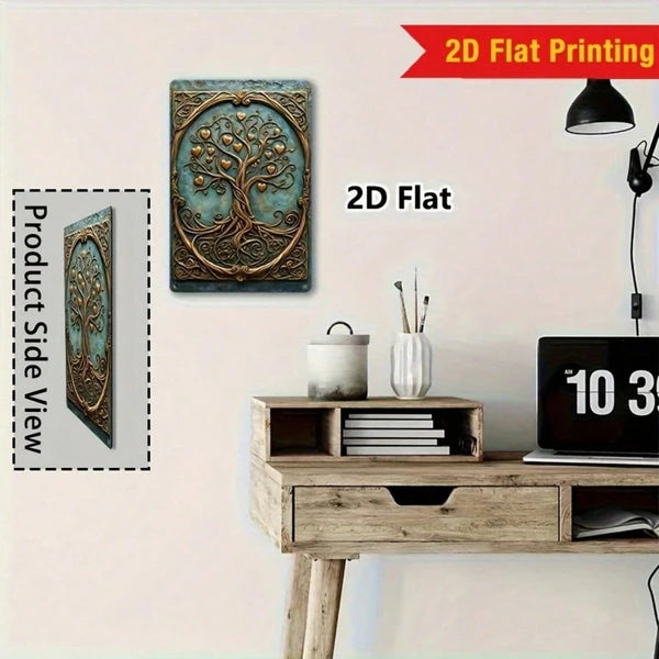 Vintage Tree of Life Metal Wall Art - Turquoise & Gold 8x12in