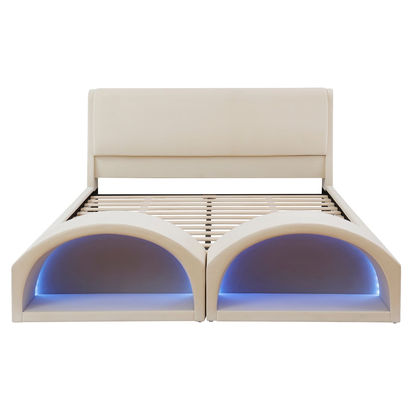 Queen Size Upholstered Platform Bed Frame with Dual Cat Caves & LED Pet Nests - Beige