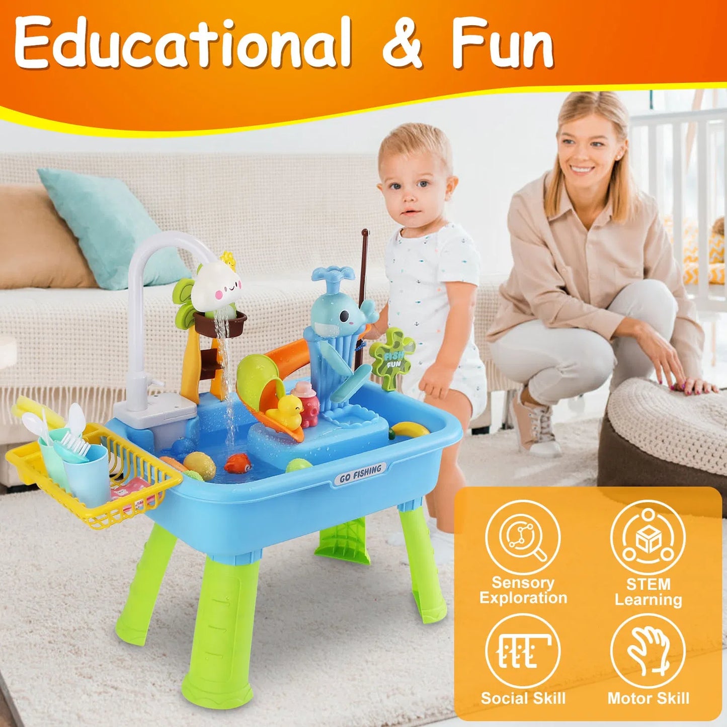 3-in-1 Kids Water Table with Electric Faucet & Fishing Game