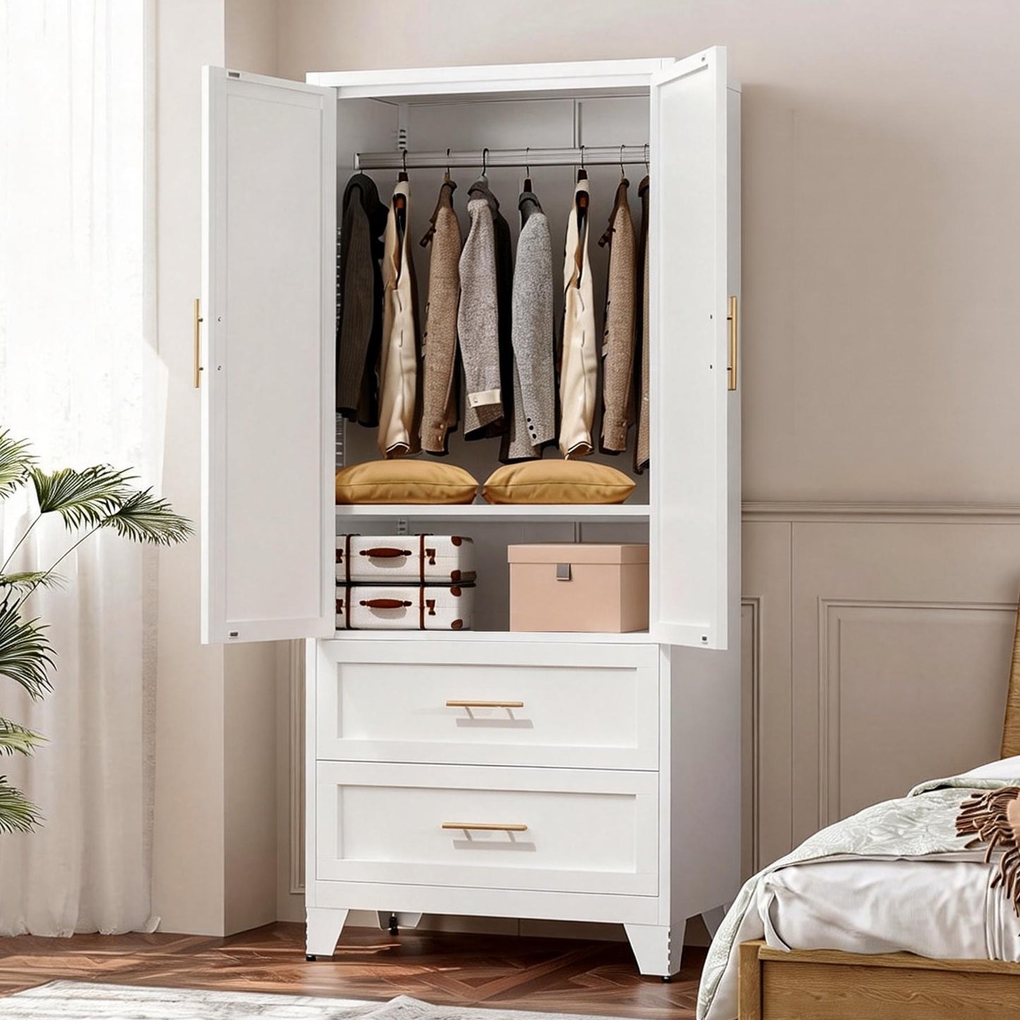 71" Tall Metal Wardrobe Cabinet with 2 Drawers and Hanging Rod - White