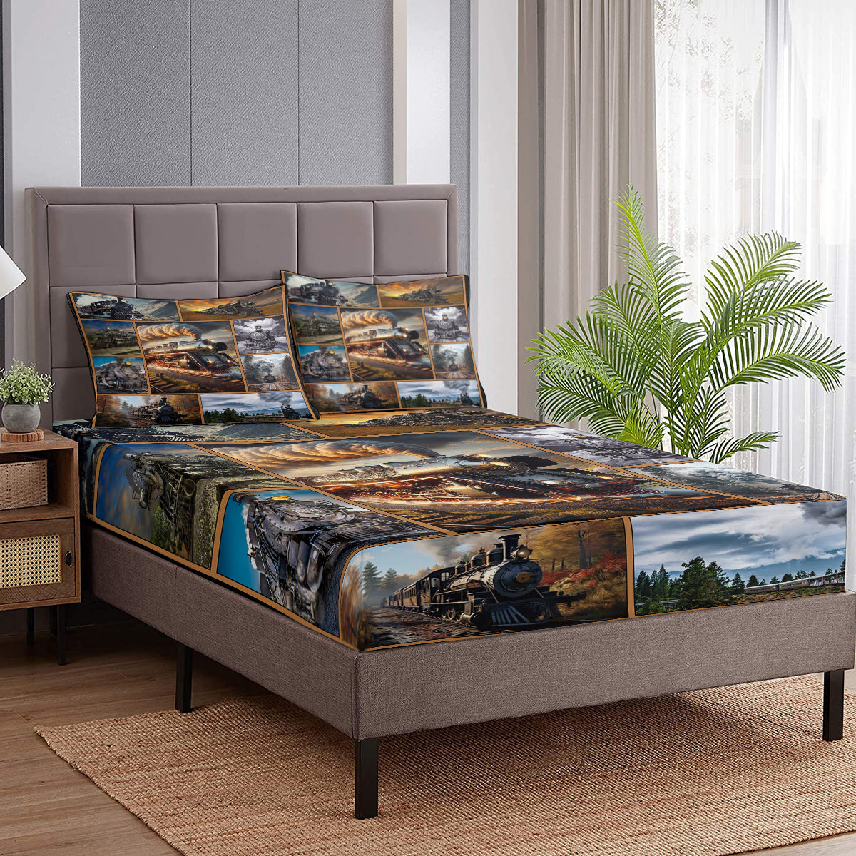 Twin Fitted Sheet for Train Bed Set - Vintage Steam Train Bedding for Boys and Men