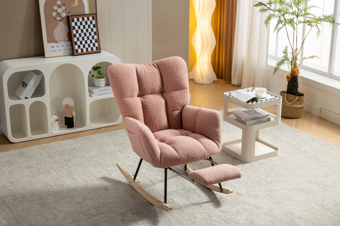 Pink Teddy Fabric Rocking Chair with Adjustable Footstool