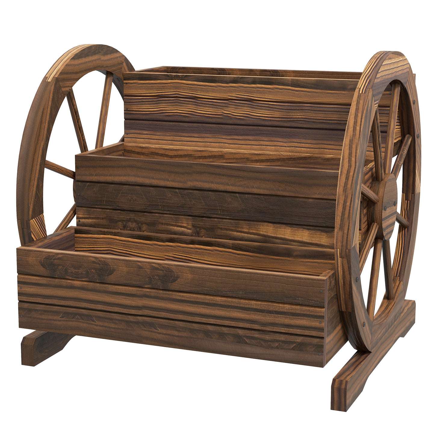 Wooden Wagon Planter Box 3-Tier Raised Garden Bed for Vegetables Flowers Herbs - Carbonized 25" x 24" x 23"