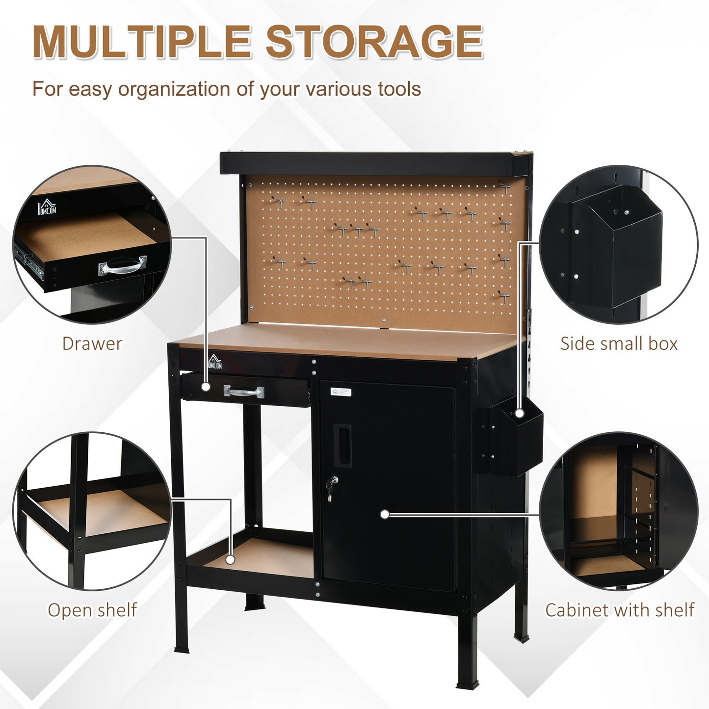 Multipurpose Workshop Workbench with Pegboard Drawer Cabinet Steel Frame Black 1190x580x125mm
