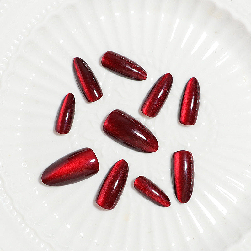 Cherry Red Cat Eye Nail Tips - Almond Shape, 30-Piece Nail Art Set