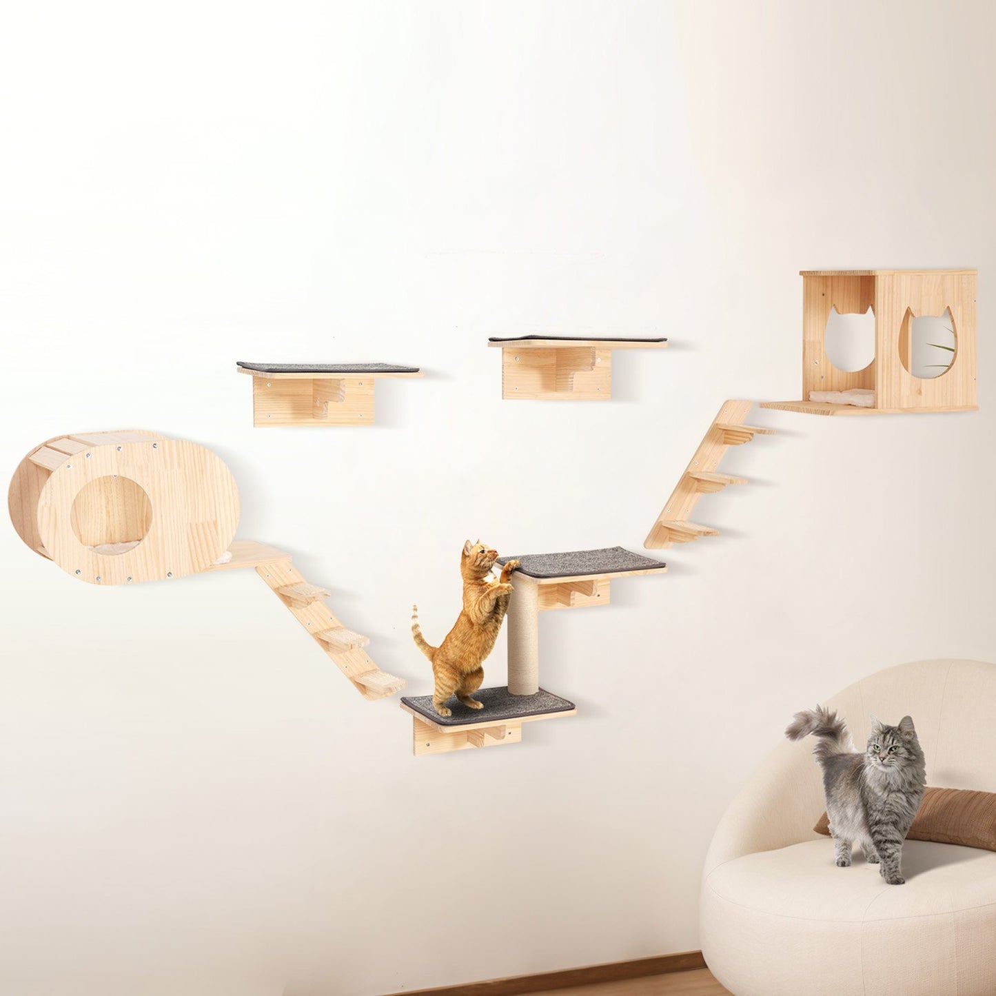 Wall Mounted Cat Shelves Tree Set with Jumping Boards Nests & Hammock - Natural