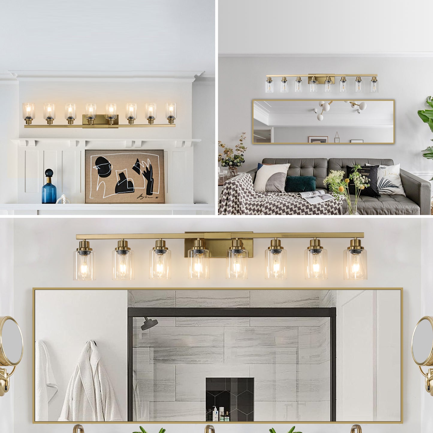 Golden 8-Light Vanity Light Fixture with Clear Glass Shades
