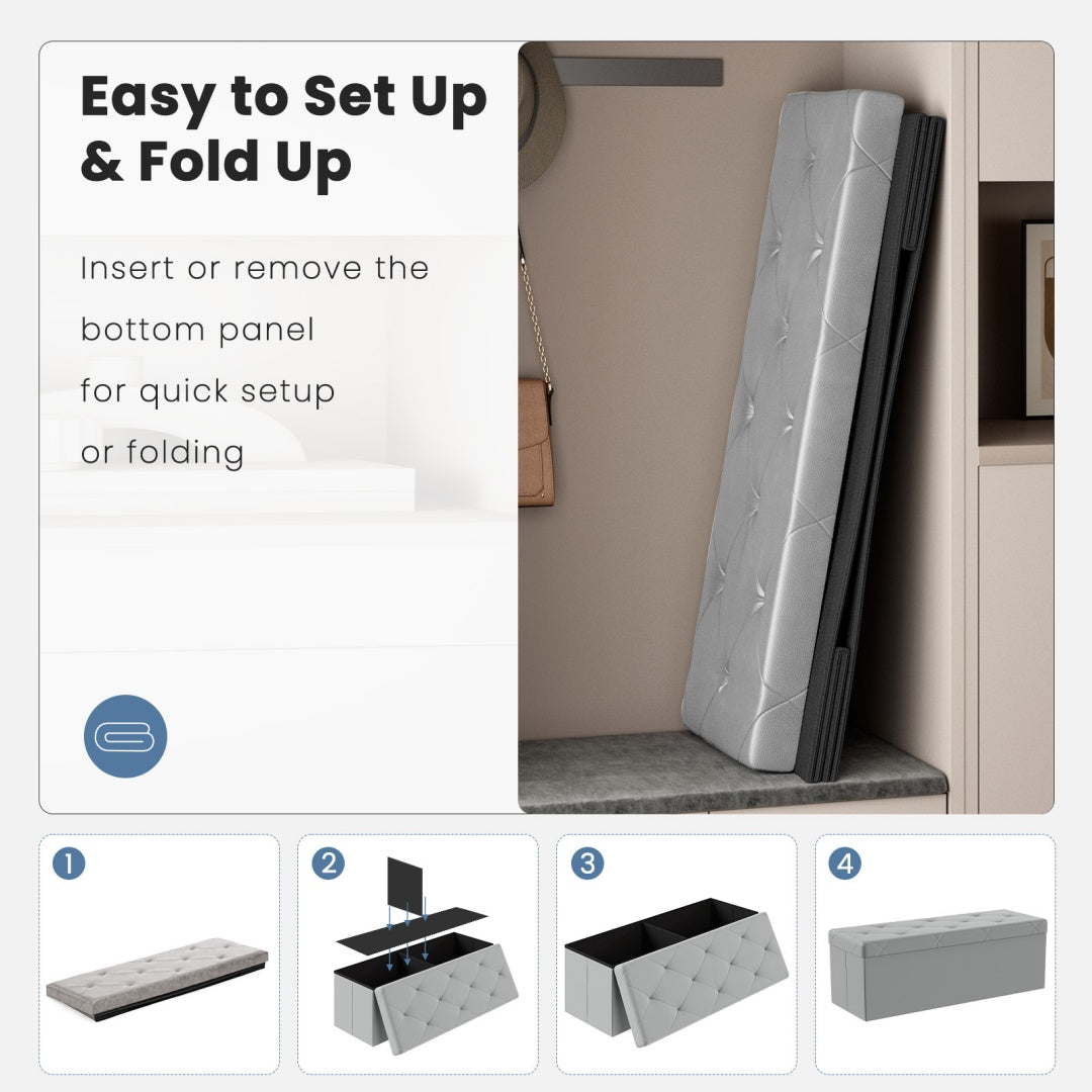 43-Inch Foldable Storage Bench - Grey PVC, 660 lb Capacity