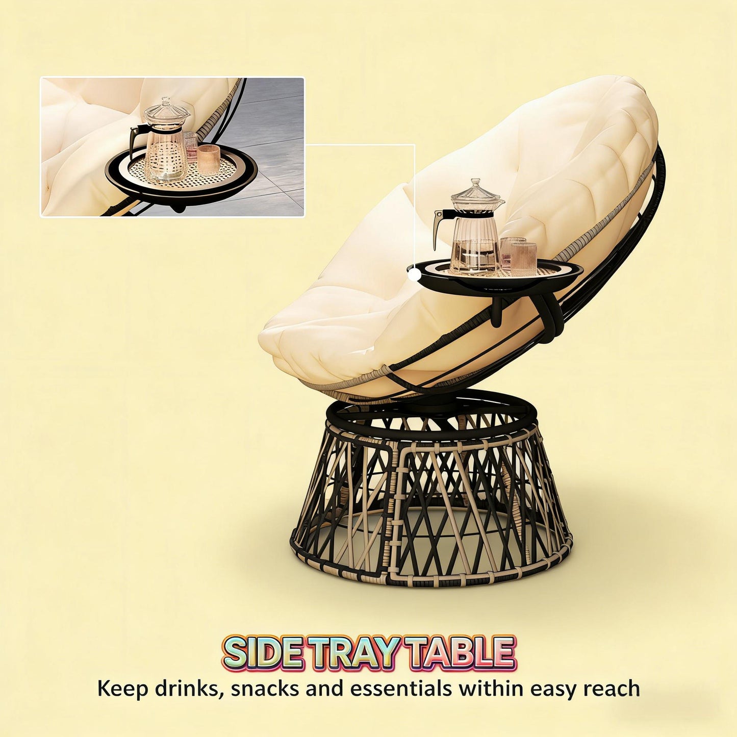 Swivel Papasan Chair - Outdoor Seating with Side Tray - Beige & Dark Gray