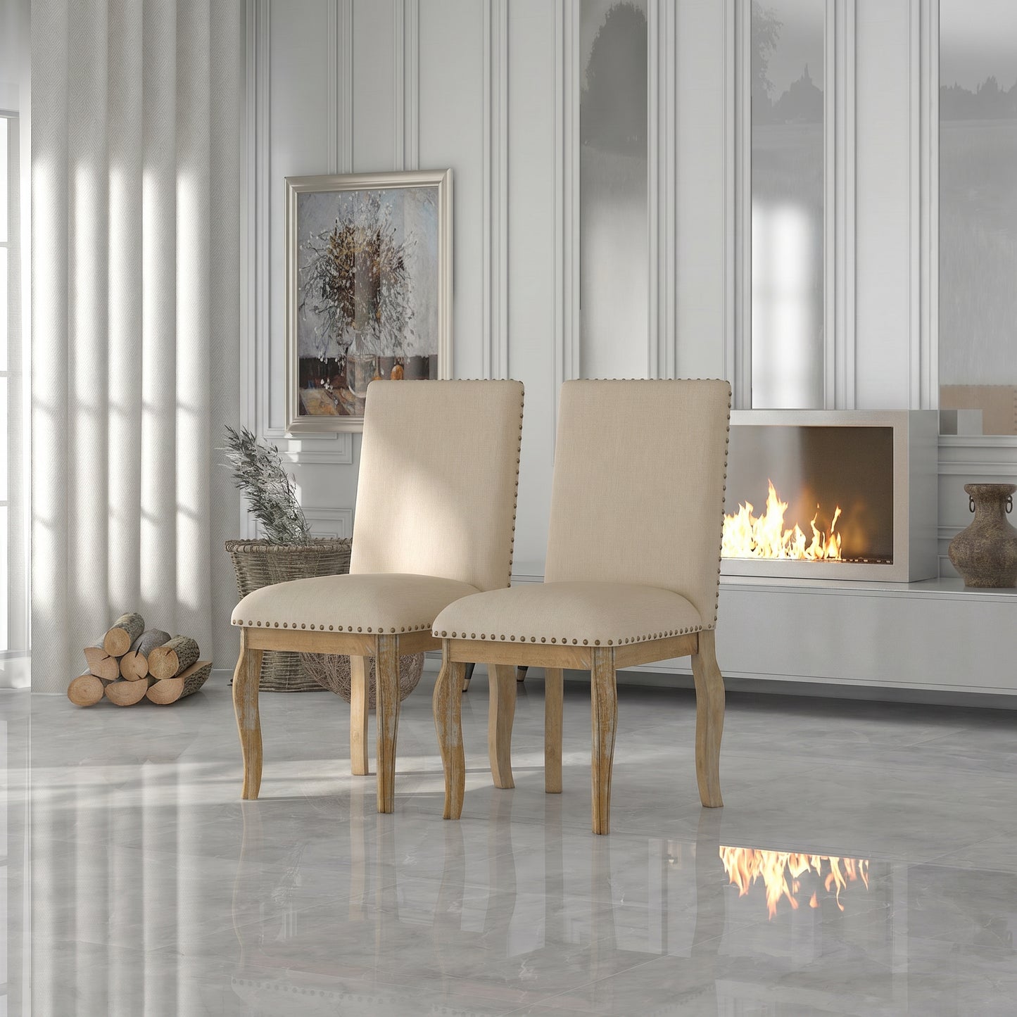 Set of 2 Upholstered Dining Chairs with Nailhead - Natural Wood Wash