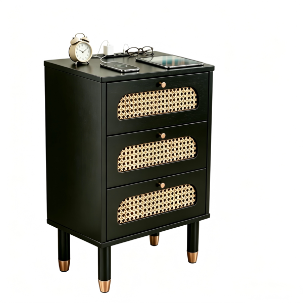 3-Drawer Nightstand with Rattan Fronts and Power Outlet - Black