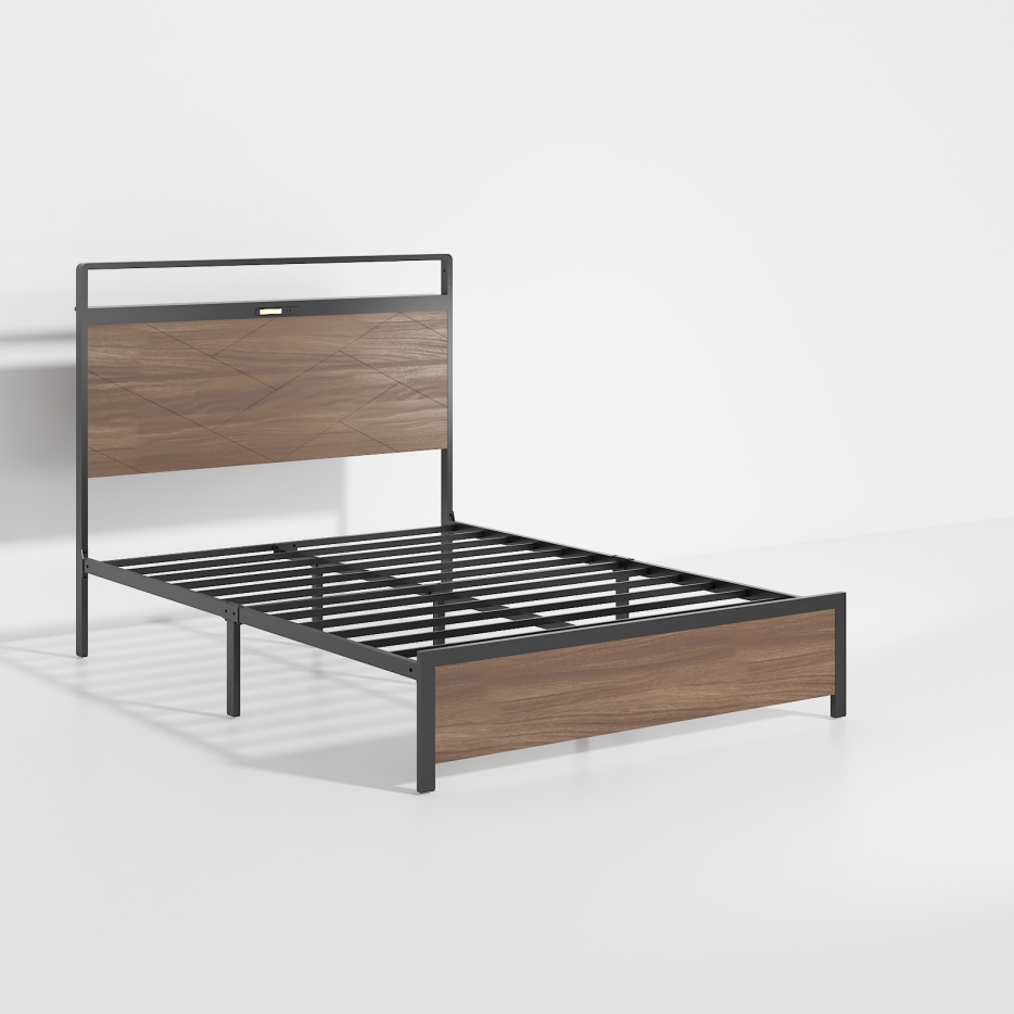 Full Metal Bed Frame with LED Headboard & USB Charging - Antique Gray