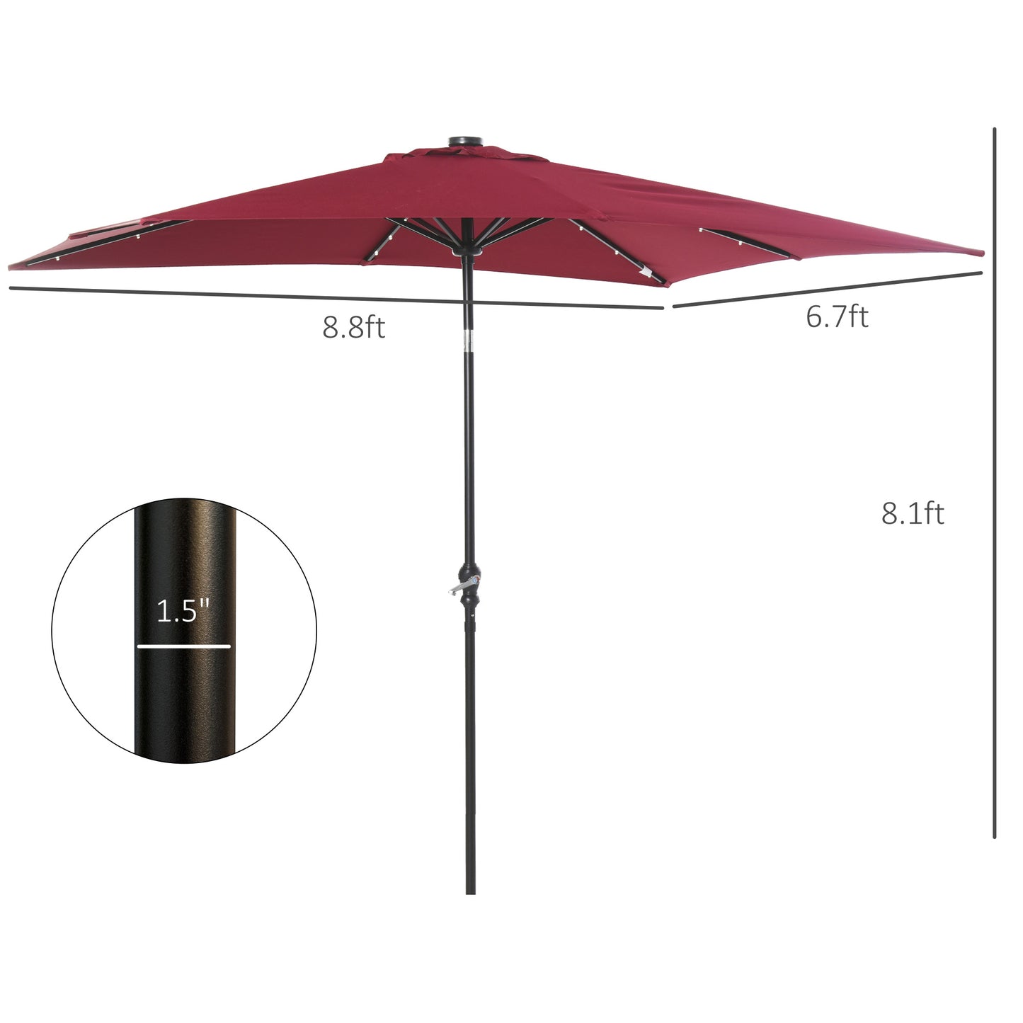 Solar LED Lighted Patio Umbrella - Wine Red, 9x7 ft with Tilt & Crank