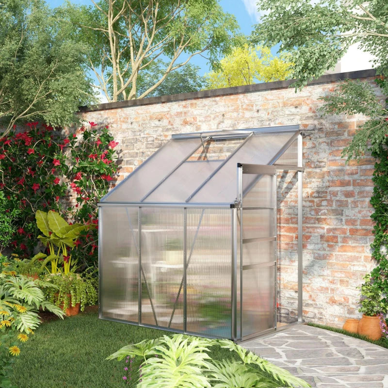 6' x 4' Aluminum Lean-To Greenhouse with Polycarbonate Panels, Adjustable Roof Vent & Rain Gutter