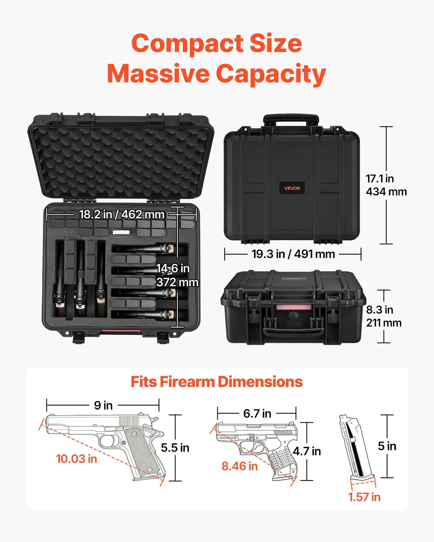 Heavy Duty Waterproof Gun Case with Foam Interior - TSA Compliant, Black