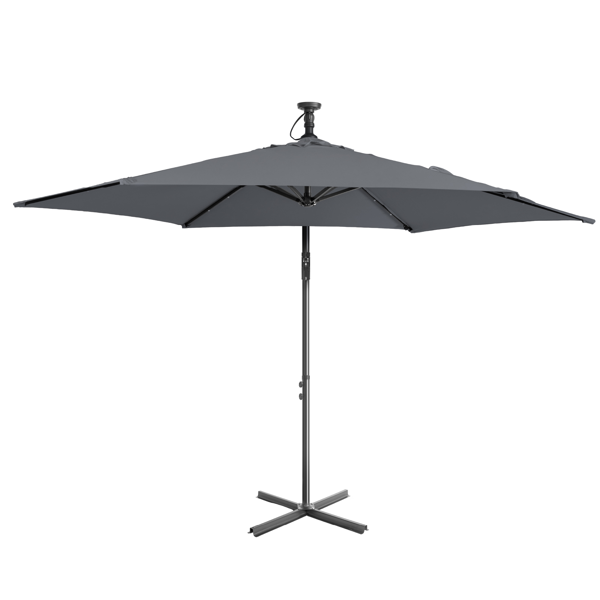 10FT Round Hanging Patio Umbrella with LED Lights & Stand - Gray