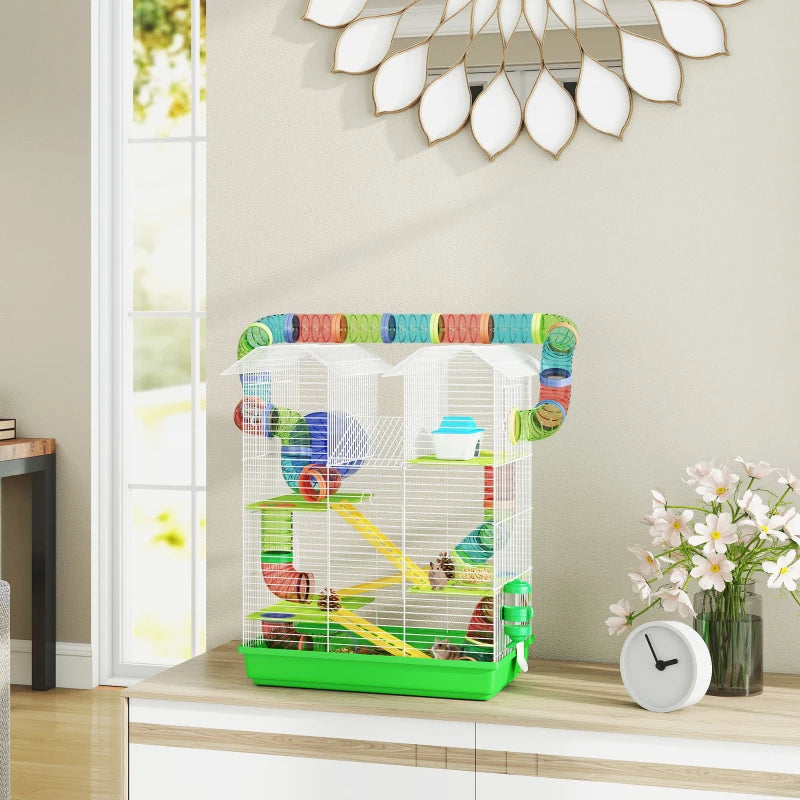 Small Animal Hamster Cage with Tunnels Water Bottle and Accessories - Green