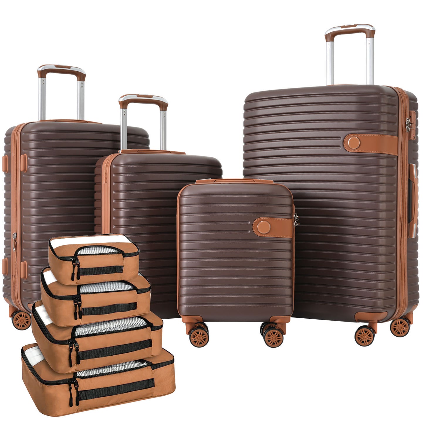 4-Piece Lightweight ABS Hard Shell Luggage Set with Packing Cubes - Brown