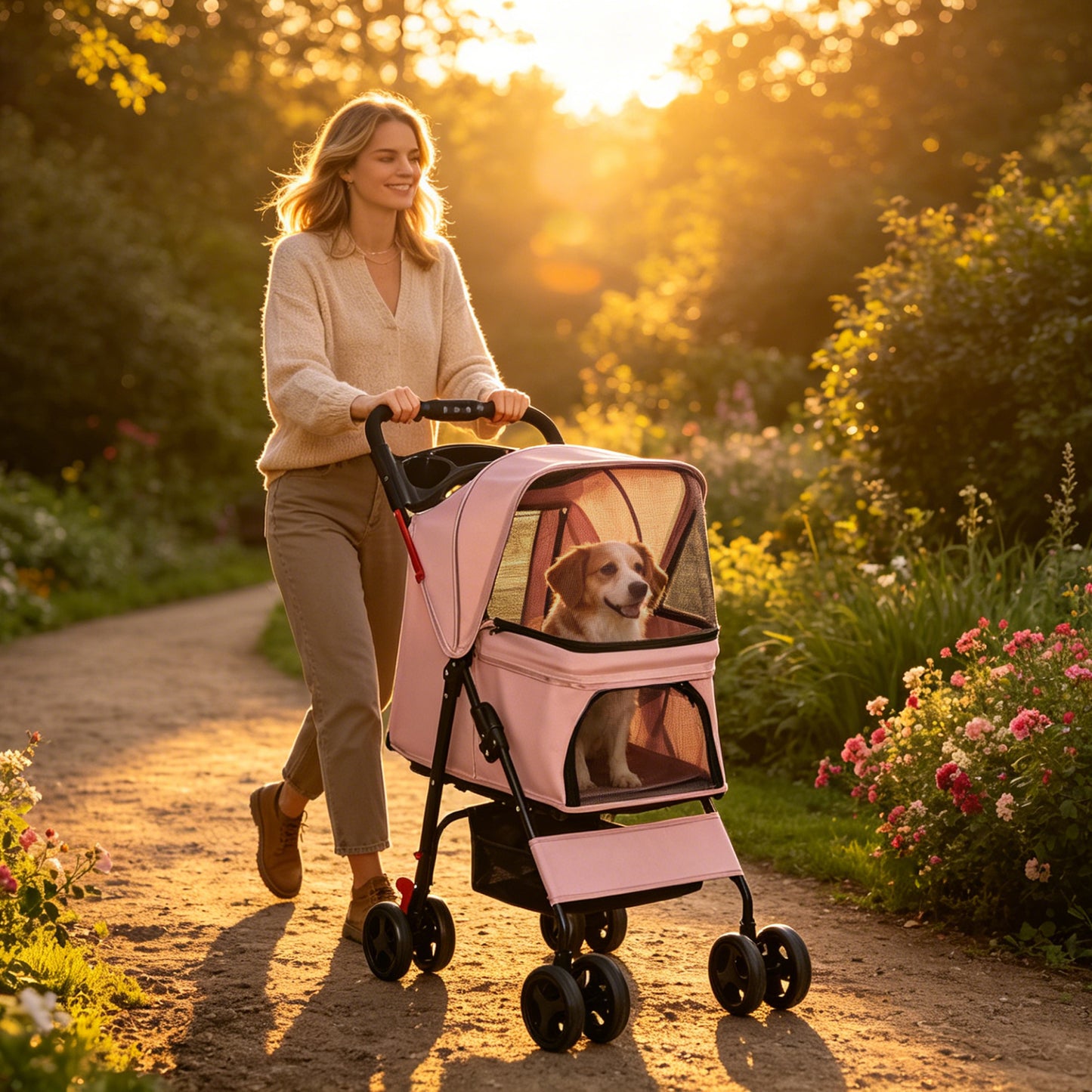Foldable Pet Stroller for Small Dogs Cats Up to 28 lbs with Mesh & Storage - Pink