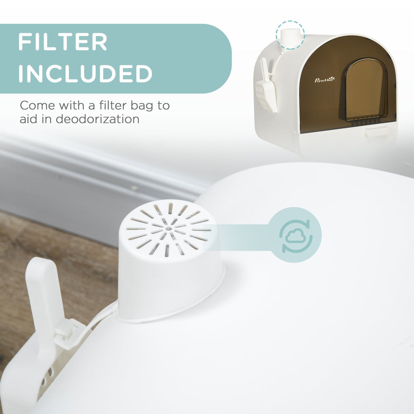 Hooded Cat Litter Box with Lid, Scoop & Filter - White, 475x455x460mm