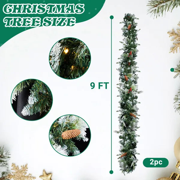 9FT Pre-Lit Snow Flocked Christmas Garland - 2 Pack with 200 Lights & Red Berries