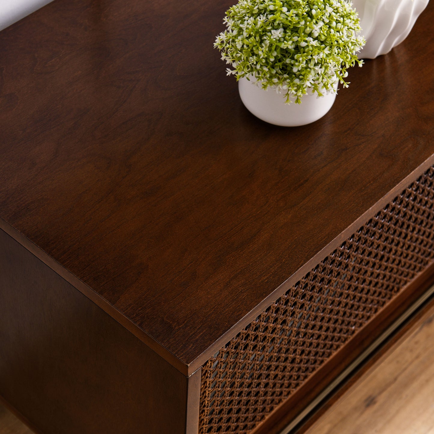 59 Inch Mid Century Modern Rattan TV Stand for 65 Inch TV - Walnut