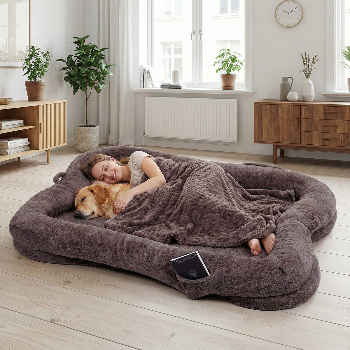 Large Washable Dog Bed with Blanket and Non-Slip Bottom - Plush Pet Nest