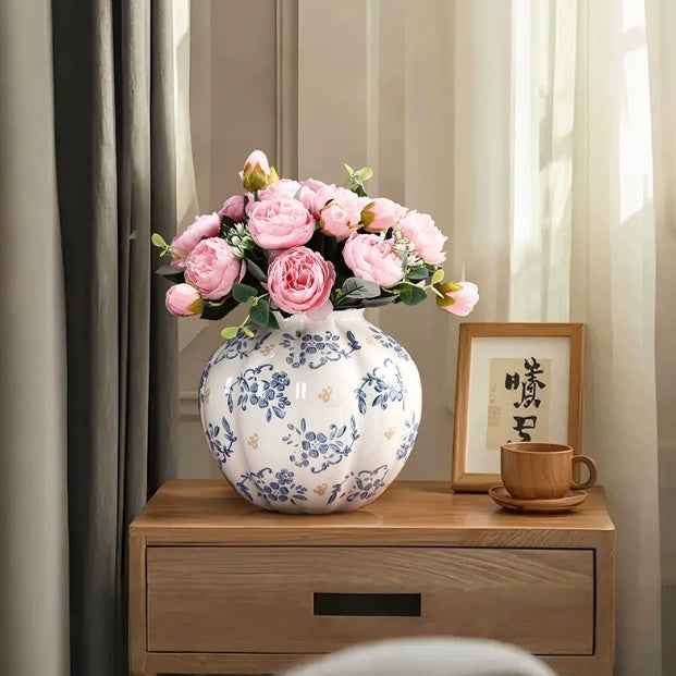 Blue and White Porcelain Ceramic Vase Set - Elegant Tall & Low Profile Vases